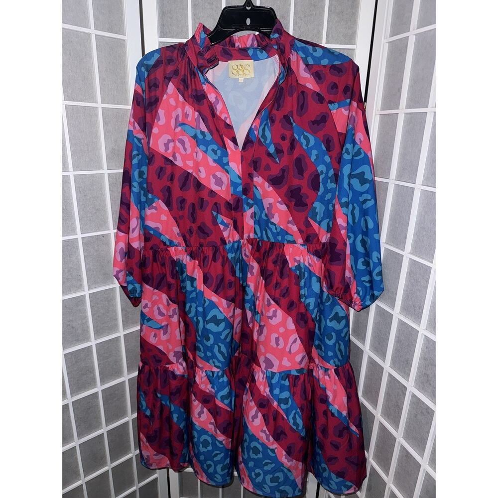 SSYS The Label Dress Woman’s Size Large Pink Orange Animal Print Collared Bright